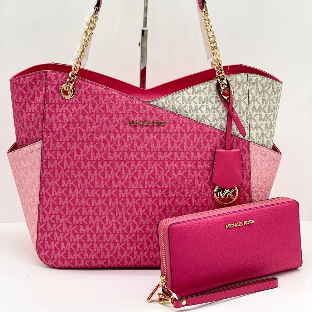 Michael Kors Jet Set Large Logo
Shoulder Bag Chain Tote And Wallet Set Pink - Picture 15 of 16